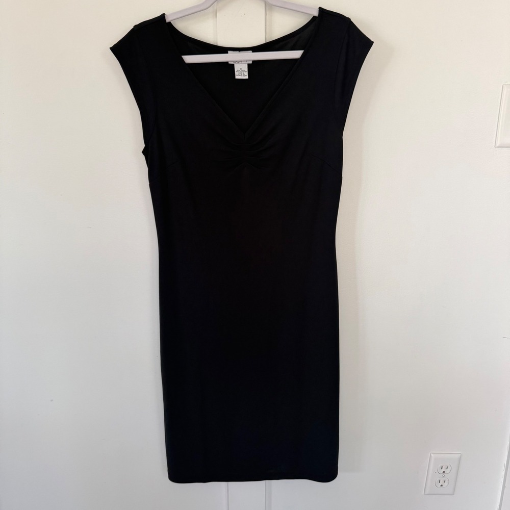 Vintage Ann Taylor LOFT Black Jersey Midi Dress Cap Sleeve Made in USA Y2K 90s 8